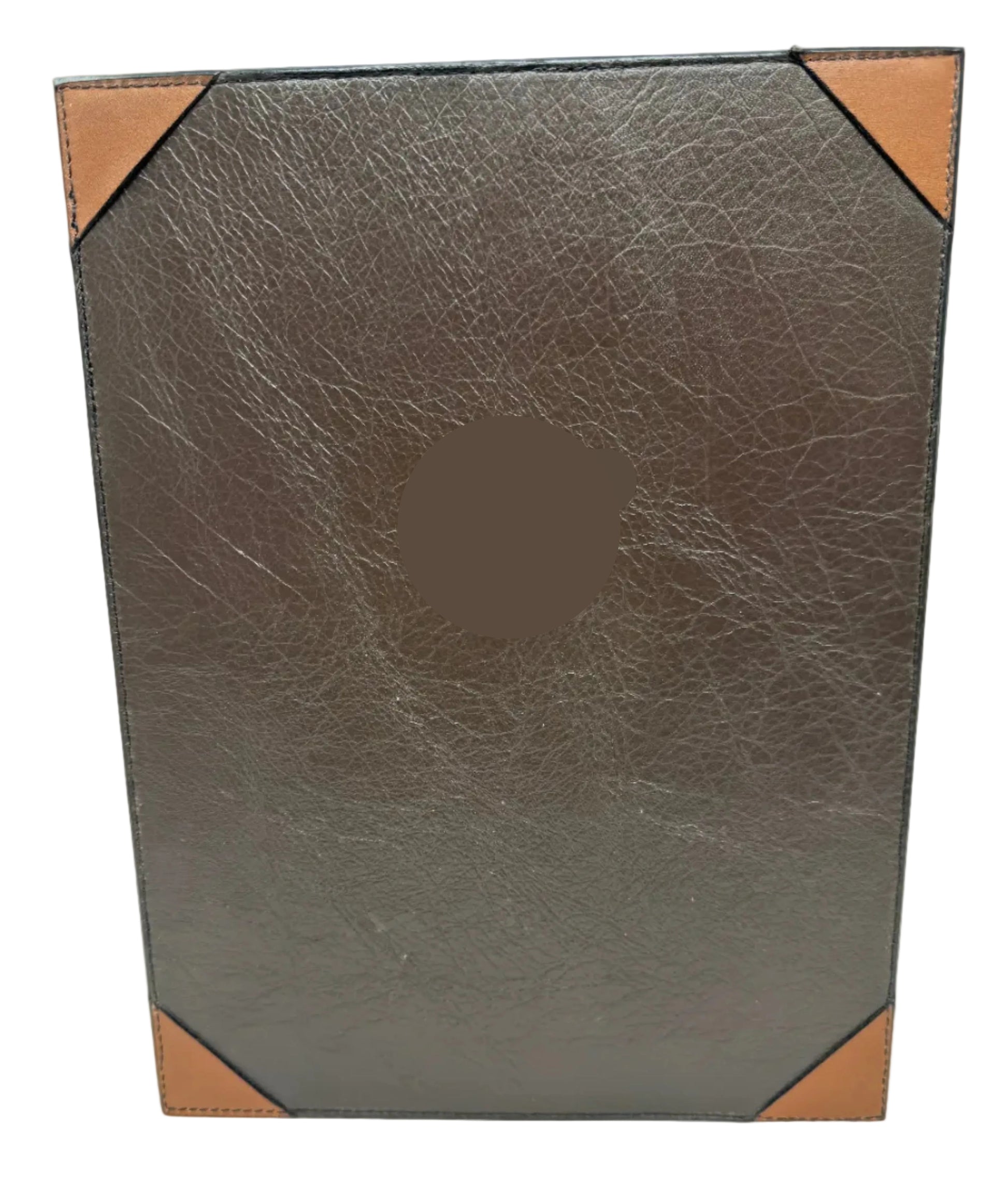 Brown leather Single Panel Menu Holder with tan corners on a white background