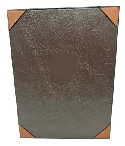 Brown leather Single Panel Menu Holder with tan corners on a white background